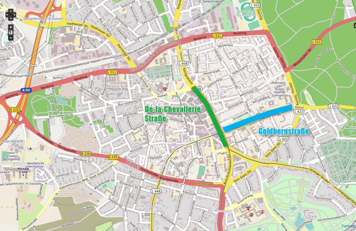 De-la-Chevallerie-Straße in Grün. Es ist leicht zu erkennen, warum die Straße von Durchgangsverkehr missbraucht wird, der eine Abkürzung für den Umgehungsring sucht. (Karte: Open-Streetmap-Mitwirkende/Peter Maier , CC-BY-SA )