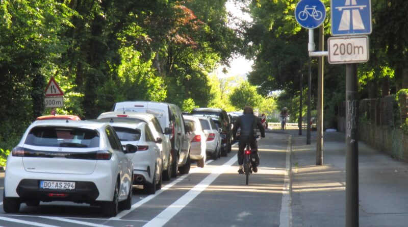 Links parken Autos, in der Mitte der Radfahrstreifen. Auf ihzm fährt ein Radfahrer vom Fotostandpunkt weg.