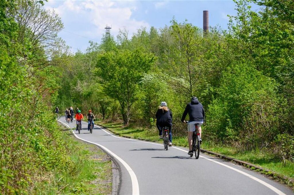 Links und rechts sind Bäume und Büsche. Der Weg verläuft leicht nach links. Auf dem Weg fahren viele Menschen Fahrrad.