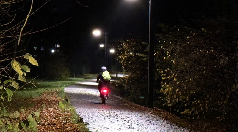 Der Weg macht eine leichte Kurve nach rechts. Auf der rechten Seite stehen Straßenlaternen, die leuchten. Der Himmel ist dunkel. Auf dem Weg fährt jemand mit dem Rad in Blickrichtung.
